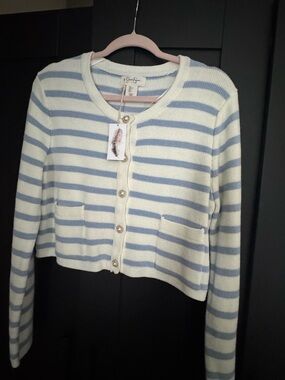 Jessica Simpson Cream and Light Blue Striped Pearl-Button Cardigan